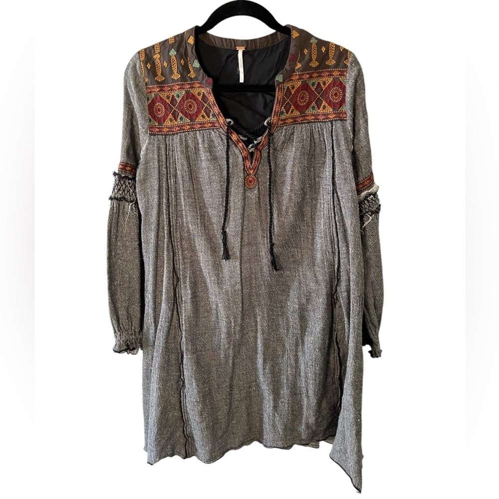 Free People S hippie boho embroidered tunic‎ dress  long sleeve gray